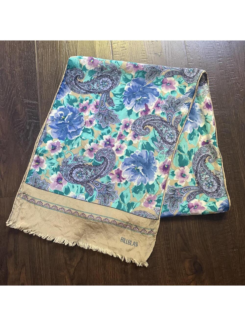 80s Vintage Bill Blass Scarf Silk(?) Hand Rolled Edges Floral Purple Blue Tan